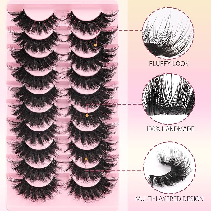 Ahrikiss Lashes Fluffy False Eyelashes 5D Volume Fake Lashes That Look Like Extensions 10 Pairs Soft Thick Strip Lashes Wispy Faux Mink Lashes (D15)