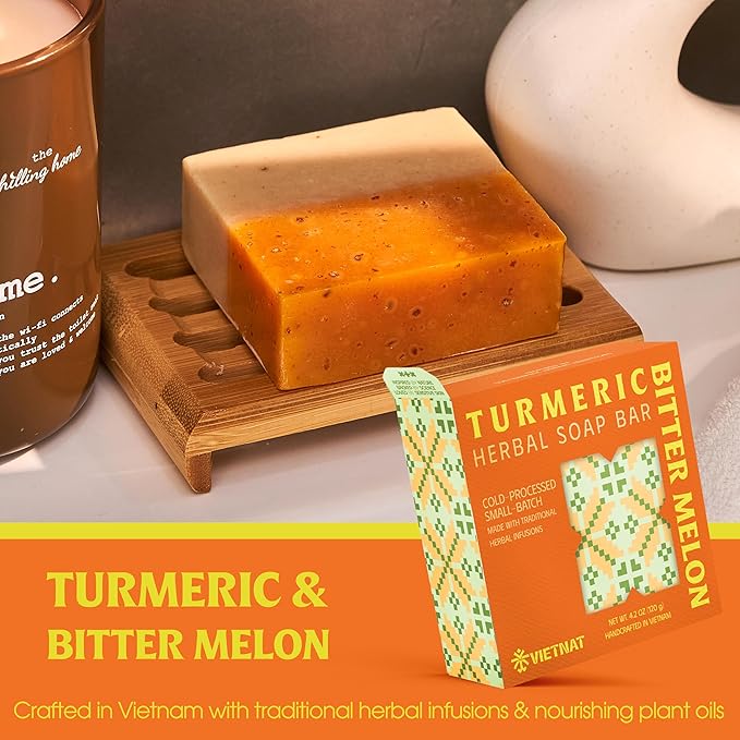 Turmeric & Bitter Melon Soap Bar (Pack of 5) – Cold Process Handmade Soap, 2-in-1 Cleansing & Refreshing Body Bar with Vietnamese Herbs, Plant-Based Formula