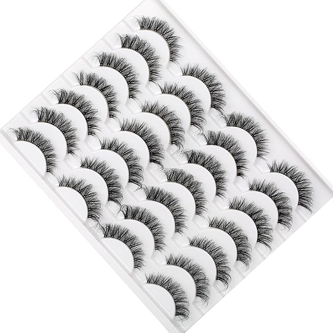 Pooplunch False Eyelashes Volume Wispy Cat Eye Lashes Natural Clear Band Fluttery Short Faux Mink Eye Lashes Fake Eyelash Strips 14 Pairs Pack