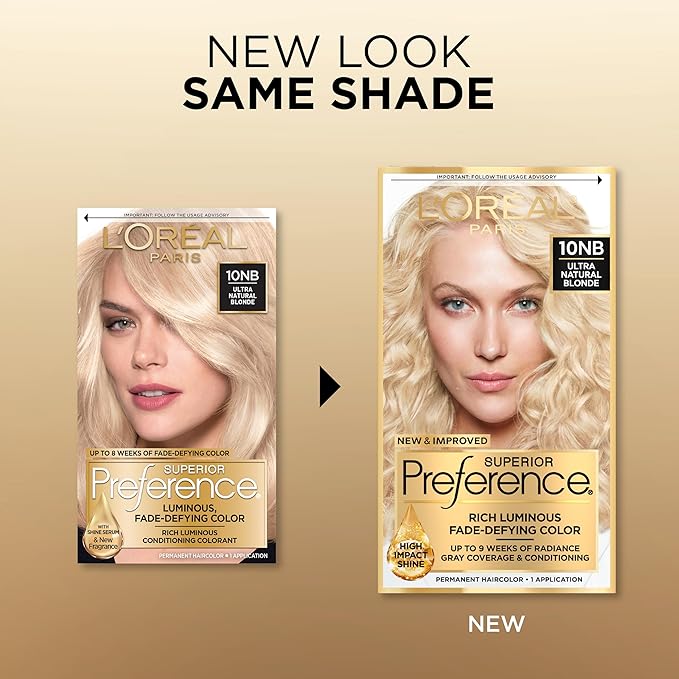 L'Oreal Paris Superior Preference Luminous Fade-Defying Permanent Hair Color, Hair Dye For Up to 9 Weeks of Radiance, Ultimate Natural Blonde 10NB, 1 Hair Dye Kit