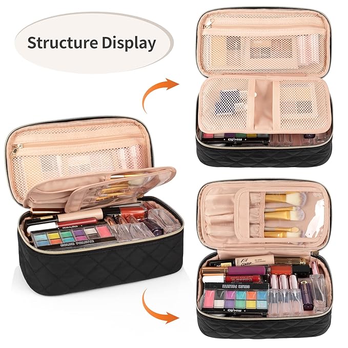 OCHEAL Makeup Bag with Brush Compartment - Small Travel Cosmetic Organizer for Women, Portable Makeup Brush Pouch with Dividers, Cute Toiletry Bag for Girls -Black