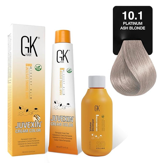 GK HAIR Global Keratin 10.1 Platinium Full Blonde Hair Color Cream Tube (3.4 Fl Oz/100ml) + 20 Volume Developer (5 Fl Oz/150ml) - Professional Permanent Long Lasting Toner Dye