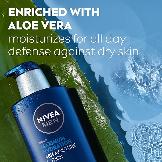 NIVEA MEN Maximum Hydration 48-Hour Moisture Body Lotion for Dry Skin, Aloe Vera Lotion for Men, 3-in-1 Body, Face and Hands, Dermatologically-Tested, Holiday Gifts for Men, 16.9 Fl Oz Bottle