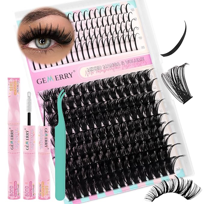 GEMERRY Lash Clusters Kit 100D Long 12-21mm with Spikes Cluster Eyelash Extensions Kit DIY Wispy Natural Lash Clusters with Lash Bond and Seal Spiky Individual Lashes Eyelashes
