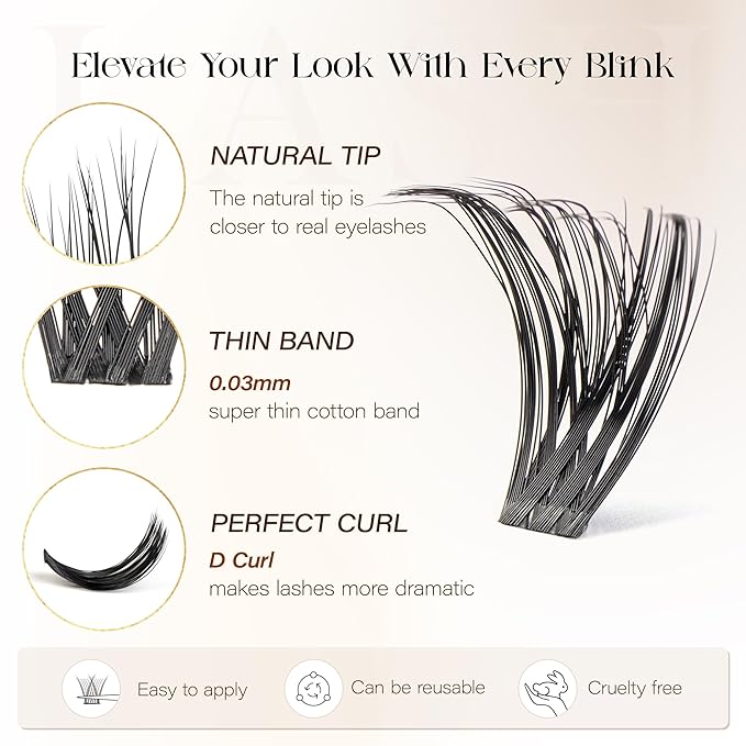 BEFER Lash Clusters, 240 Pcs D Curl Eyelash Clusters Volume Individual Lashes Extensions 10-16MM Fluffy Cluster Eyelash Wispy Cluster Lashes DIY At Home(70P)