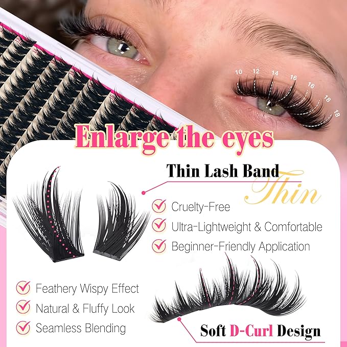 Lash Clusters with Spiky Lash Clusters Kit Volume Clusters Eyelash Extension 10-18MM Thick Individual Lashes D Curl Cluster Eyelash Extensions with Lash Brush3D DIY Lash Extension at Home (No Glue)