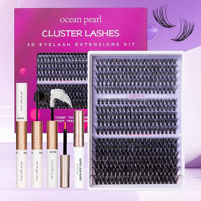 Ocean Pearl Lash Clusters 320PCS 11-20mm Lash Extension Kit 30D+40D+60D Eyelash Extension Kit Individual Lashes Thick Eyelash Clusters Lashes Clusters with Eyelashes Bond+Seal+Adhesive+Tweezer-60D