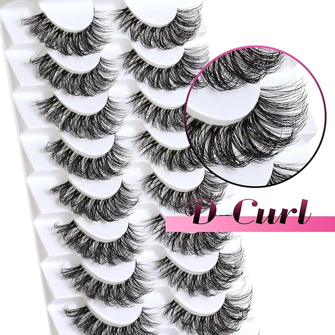 Veleasha Lashes Russian Strip Lashes Eyelashes with Clear Band Looks Like Eyelash Extensions D Curl Lash Strips 10 Pairs Pack (DT01)