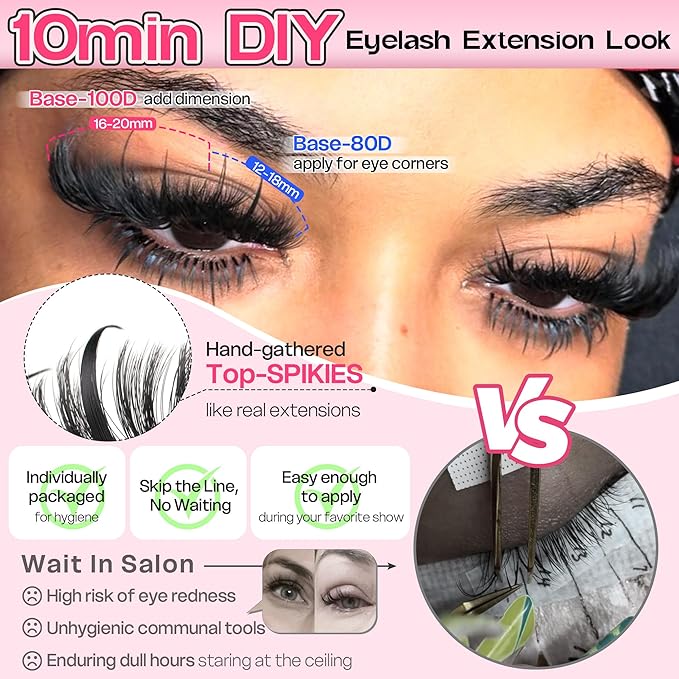 Lash Clusters Kit 13-21MM Lash Spikes Eyelash Clusters 80D 100D Thick Cluster Eyelash Extensions Kit Spiky DIY Lash Extensions Kit Individual Lashes Volume 295PCS
