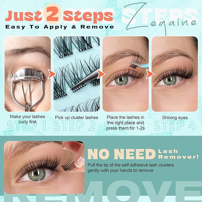 Zegaine Self Adhesive Eyelashes Natural Self Adhesive Lash Clusters Wispy Pre Glued Lashes Natural Look Cluster Eyelash Extensions C-Curly Glueless Lash Clusters Reusable No Glue Needed 10-16MM 120Pcs