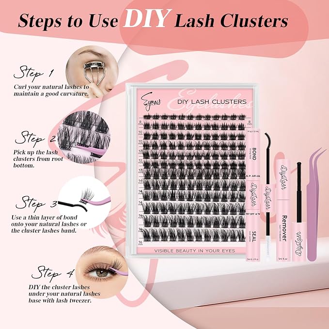 Lash Clusters Kit 144PCS Lash Clusters D Curl Lash Extension Kit 8-16MIX Eyelash Clusters with Eyelash Applicator Tool DIY Lash Extension Kit(Sweetie,8-16MM)