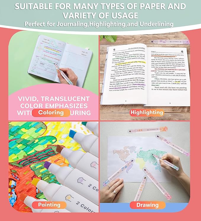 Double-headed Highlighter Markers, 6Pcs of 12 Flat Heads, Cute Light Color Eye Protection Highlighters, Bright and Vintage Markers for School Office Supplies