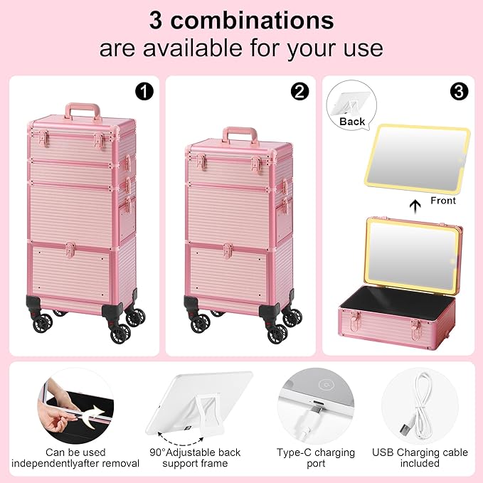 Makeup Train Case with LED Mirror, Rolling Makeup Case with Drawers, Cosmetology Case on Wheels, Gift, Travel Makeup Organizers, Profesional Cosmetic Case for Salon Barber,Nail, Tattoo, Pink