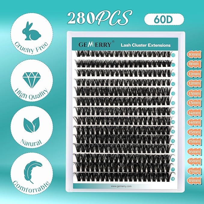 GEMERRY Lash Clusters 280pcs 60D DIY Eyelash Extension D Curl Individual Lash Cluster Natural Eyelash Extension Mixed Tray Reusable Handmade Home Application (60D-0.07D-10-18MIX)