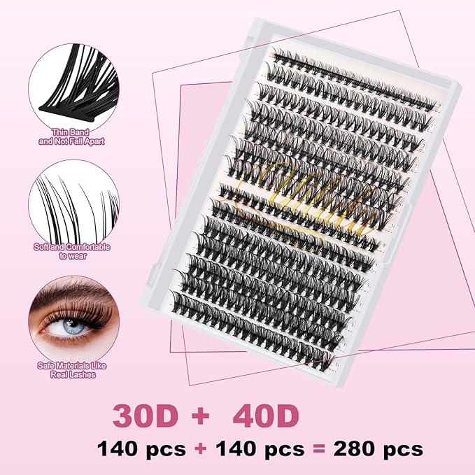 Lash Clusters for DIY Lash Extension at Home, 30&40D Wispy Individual Clusters Lashes False Eyelashes 280 Count 0.07D 9-16MM Mix D Curl Eye Lash Extensions (30&40D Lash 9-16MM)
