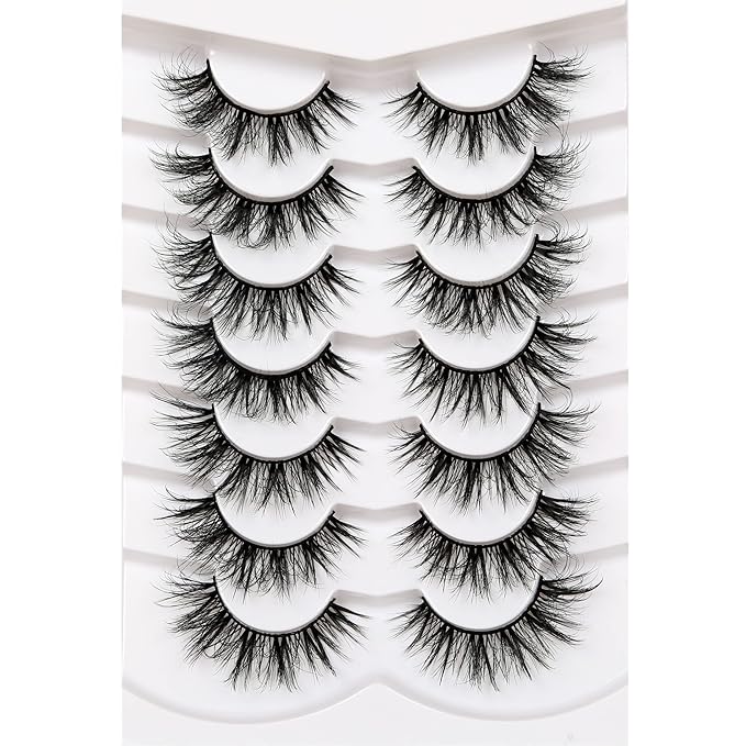Pooplunch False Eyelashes Wispy Mink Lashes Cat Eye Natural Crossed Cluster Look 8D Volume Fake Eyelash Strips Faux Mink Lashes 7 Pairs Pack