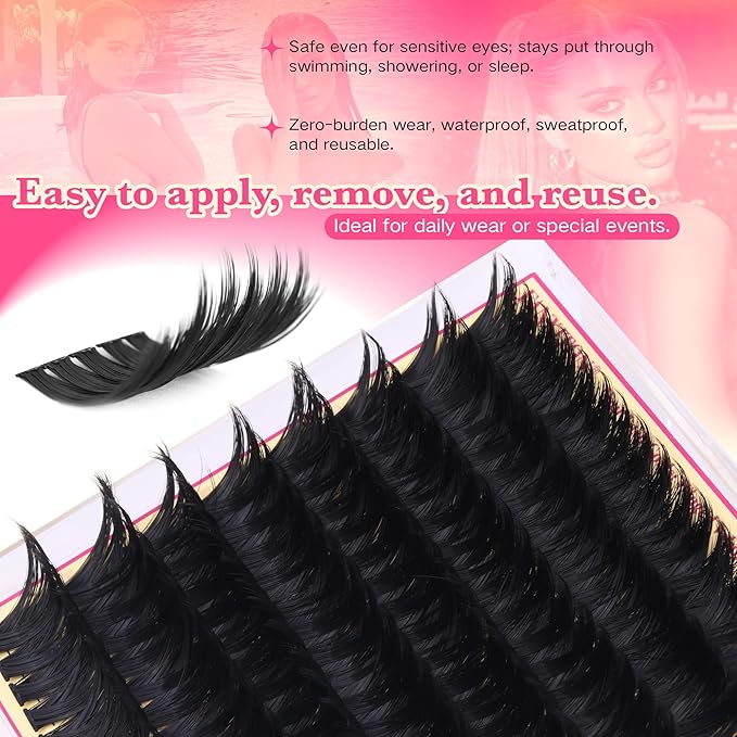 Volume Lash Clusters with Spiky Long Lash Clusters 300D Eyelash Clusters 20-24MM Thick Wispy D Curl Cluster Eyelash Extensions 3D Fluffy Cluster Eyelash Extensions by FANXITON