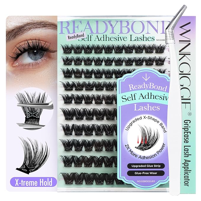 Self Adhesive Lash Clusters, Winkgiggle 100pcs No Glue Needed Self Adhesive Eye Lashes Clusters, Reusable Pre-Glued Lashes No Remover No Residue for Beginners（Volume-Mixed）