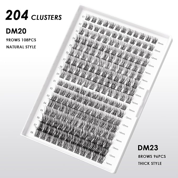 Lash Clusters 204 Pcs Individual Lashes Clusters Eyelash Extensions False Eyelashes DIY Lash Extension Kit Reusable False Eyelashes Natural Look Mix 10-16mm C D-Curl(DM20+DM23)