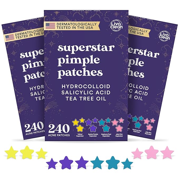 LivaClean 720 CT (3 Pack of 240) Superstar Pimple Patch for Face - Salicylic Acid & Tea Tree, Hydrocolloid Acne Patch, Pimple Patches Star Cute Zit Patches - 3 Sizes