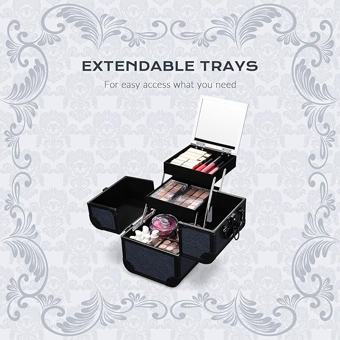 BYOOTIQUE Travel Makeup Case with Mirror 2-Tier Trays Cosmetic Organizer Jewelry Box for Beautician Nail Tech Barbershop Hairstylist,Rococo Midnight