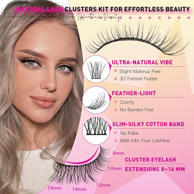 WLF Lash Clusters Kit, 144 pcs Individual Eyelash Clusters Lash Extension Kit D Curl Wispy Lash Kit with Eyelash Bond and Seal and Applicator for False Eyelash Extensions(Zephyr-Mix 8-16mm Kit)