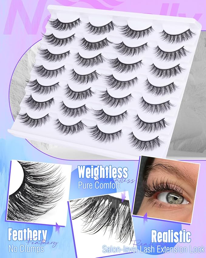 Newcally Lashes False Eyelashes Cat Eyes Wispy Natural Faux Mink Lashes 14 Pairs Pack Light Volume Short Fake Eye Lashes Multipack