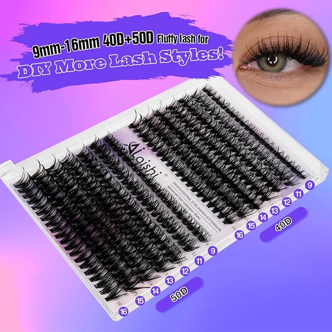 Lash Clusters Kit, DIY Cluster Eyelash Extensions 9‑16mm, 40D+50D, 280pcs Fluffy D Curl Natural Lashes with Bond & Seal,Remover,Tweezers,Brush–Fake Cat Eye Wispy Individual Clusters