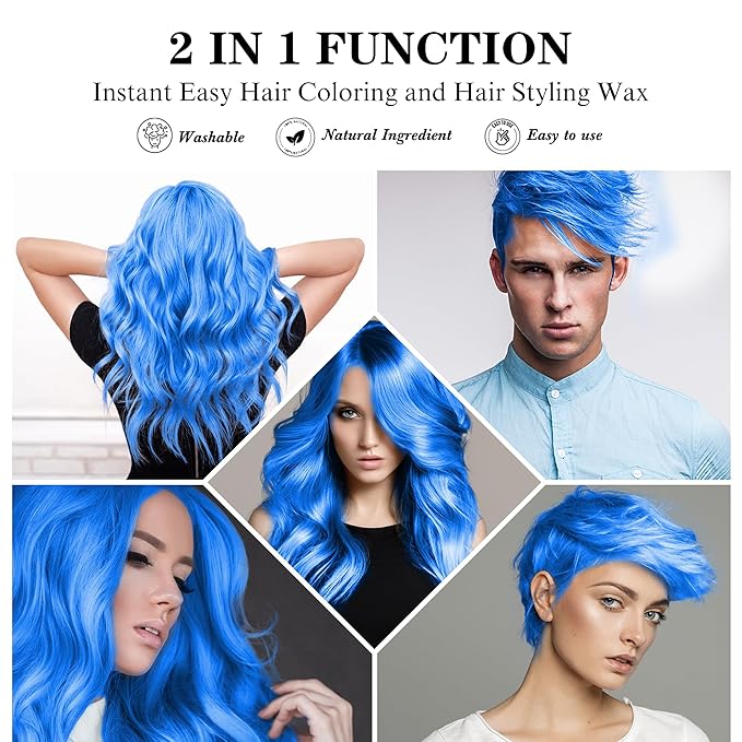 4.23 oz Temporary Blue Hair Color Wax with Dye Brush, Instant Natural Hairstyle Cream, Disposable Coloring Mud for Women Men Youth, Washable Styling Pomades, Party Cosplay DIY Halloween