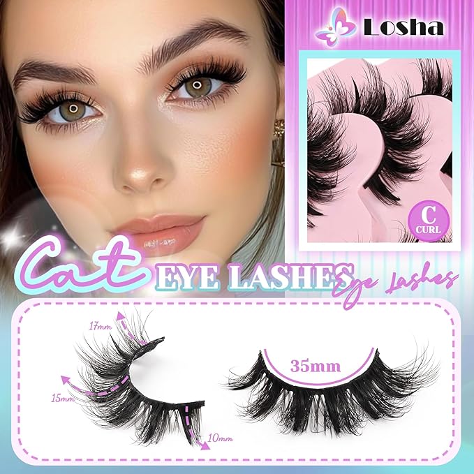 Losha Lashes Wispy False Eyelashes Fluffy Cat Eye Lashes 7 Pairs C Curl Lashes Strips Wet Look 10-17mm Fake Eyelashes with Lash Spikes (FC01)