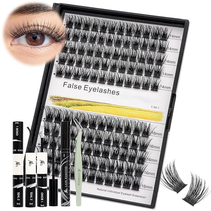 Bodermincer 120 Clusters 10mm+12mm/12mm+14mm/14mm+16mm Mixed Wide Cluster False Eyelash Individual Cluster EyeLashes Grafting Fake False Eyelashes Eyelash Extension (KIT M01 Black 14mm+16mm Mixed)