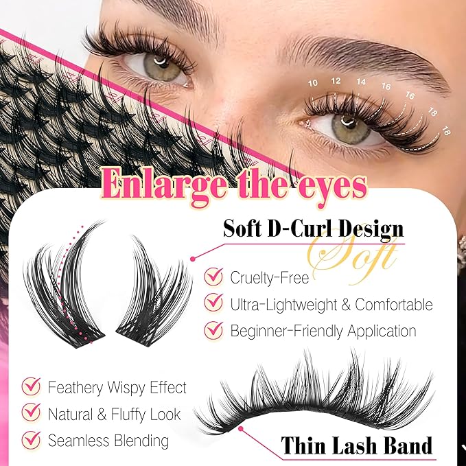 Lashes Clusters Kit Wispy Eye Lash Clusters Eyelash Extensions with Lash Brush Natural 168Pcs Individual Lashes 10-18mm DIY Lash Extension Soft Thin Band For Beginners (No Glue)