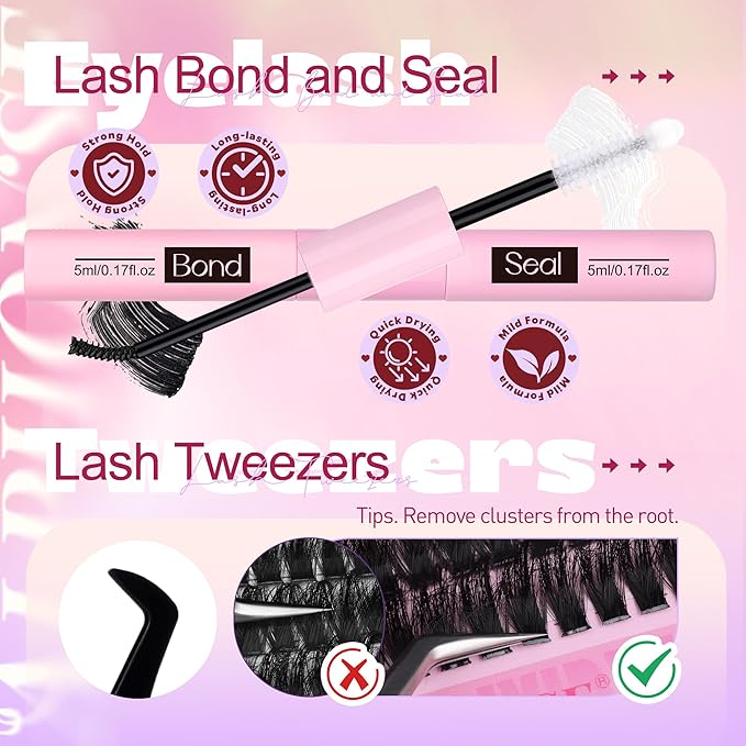 Lash Clusters Kit 200D+300D Mega Volume Cluster Eyelash Extensions 12-24mm Wispy Eyelash Clusters Fluffy Cluster Lashes DIY Lash Extension Kit with Bond and Seal at-Home Application by ALPHONSE
