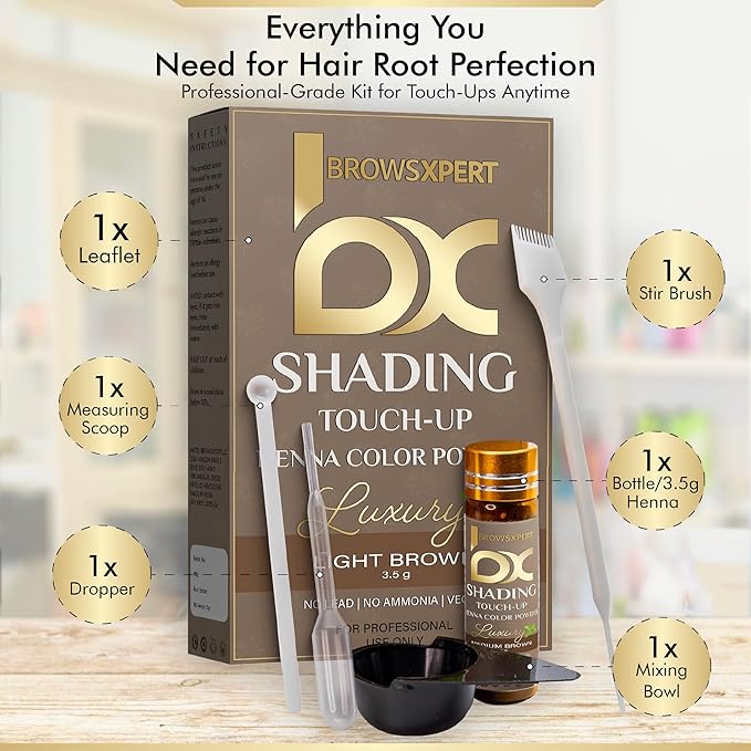 BROWSXPERT Gentle Spot Henna Hair Dye With Mixing Dish, Exclusive Stir and Brush + Follow Instructions | 3.5g | Light Brown