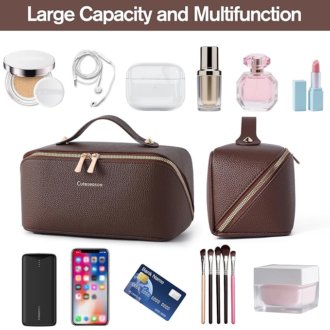 Makeup Bag, Travel Toiletry Bag for Women, Large Capacity Waterproof PU Leather Cosmetic Bags Make Up Organizer Bags with Headband and Wristband Set (Brown, Lychee Pattern)