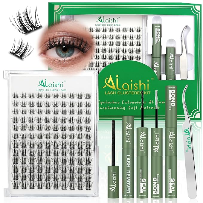 Lash Clusters Kit, DIY 3D Cluster Eyelash Extensions 10‑18mm,120pcs Fluffy D Curl Soft Natural Lashes with Bond and Seal,Remover,Tweezers,–Fake Cat Eye Wispy Individual Clusters MIX1-2-L