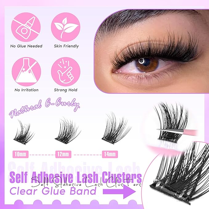Zegaine Self Adhesive Eyelashes Natural Self Adhesive Lash Clusters Wispy Pre Glued Eyelash Clusters Clear Band C-Curly Pestañas Postizas Naturales Wispy Glueless Lashes No Glue Needed 10-14MM