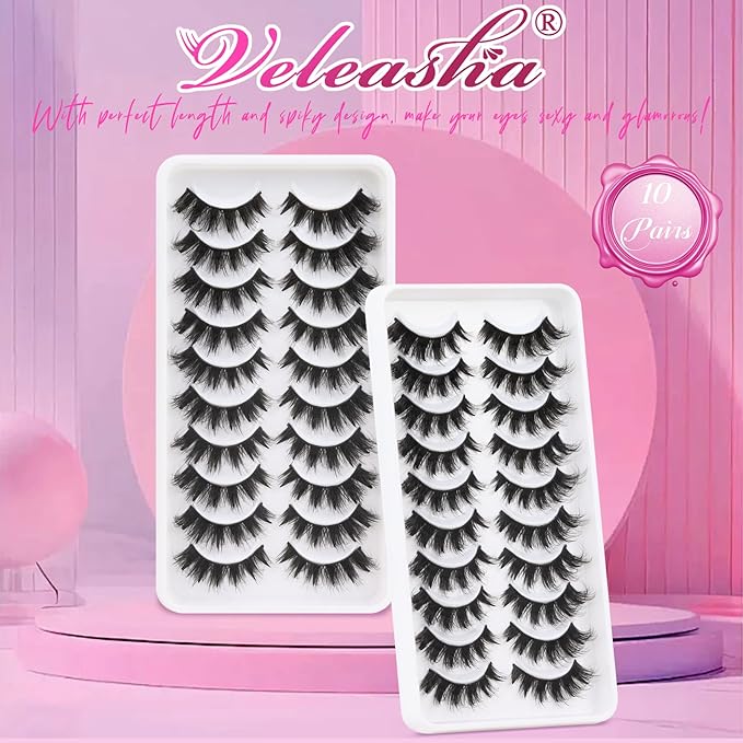 Veleasha Manga Lashes Faux Mink Lashes 8-17MM Cat Eye C Curl Fluffy Spiky Eyelashes with Black Cotton Band Anime 6D Effect False Eyelashes 10 Pairs Pack (Spiky01)