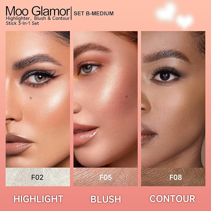 3-in-1 Highlighter,Blush and Contour Sticks Trio with Highlighter Stick Contour Stick and Blush Stick for Cheeks and Face Makeup (Set B Medium)