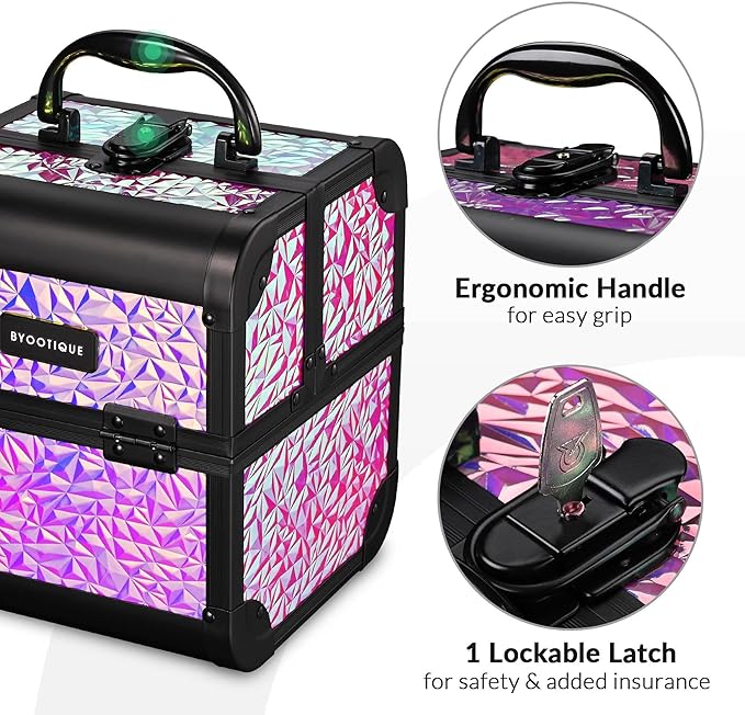 BYOOTIQUE Mermaid Makeup Train Case with Mirror 2-Tier Trays Cosmetic Organizer Lockable Jewelry Box for Nail Bar Beautician Salon Barber Hairstylist,Mermaid Pink