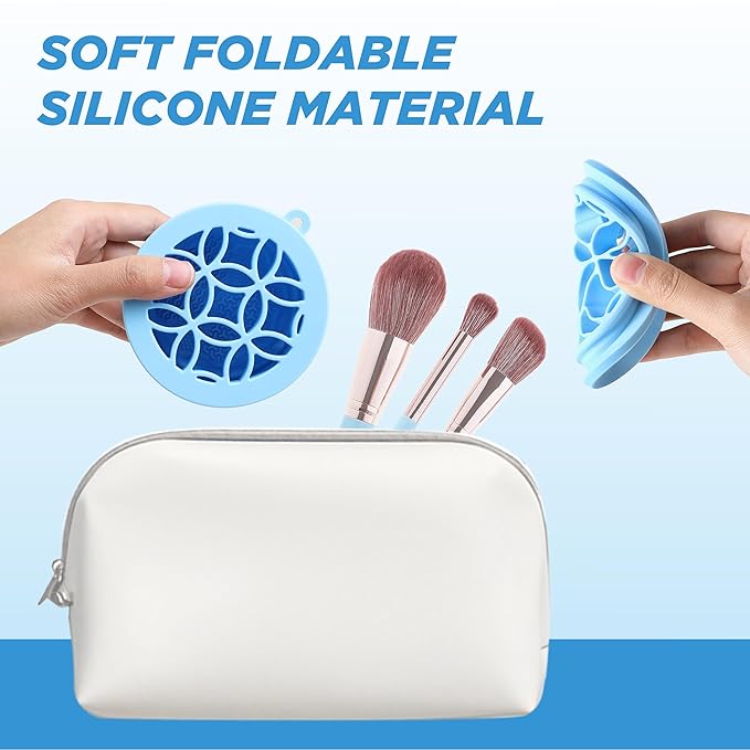 Makeup Brush Cleaner - Foldable Silicone Makeup Brush Cleaner Mat with Brush Storage Holder Makeup Brush Cleaning Bowl Cosmetic Brush Washing Tool for Cleaning Organizer and Drying (Purple and Blue)