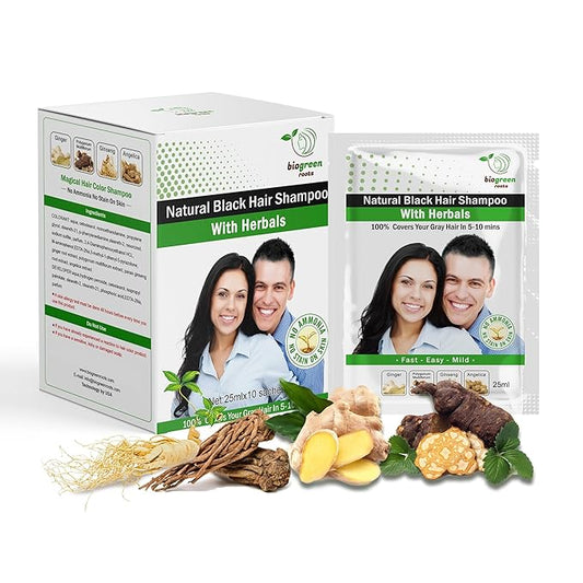 Ammonia-Free & Paraben Free Herbal Hair Shampoo - Hair Dye Shampoo for Women & Men - Natural Color & Herbal Nourishment - No Stain on Skin - Natural Black (20 sachets x 25 ml)
