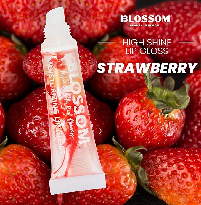 Blossom Scented Moisturizing Lip Gloss Tubes, Infused with Real Flowers, 0.9 fl. oz/27ml, 3 pack Full Size Gift Set, Strawberry/Raspberry/Mango