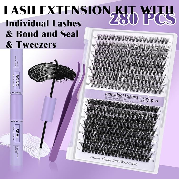 DIY Lash Extension Kit 280pcs Individual Lashes Cluster D Curl Eyelash Extension Kit Lash Clusters with Lash Bond and Seal and Lash Applicator Tool for Self Application (KIT,40D-D-9-16MIX)