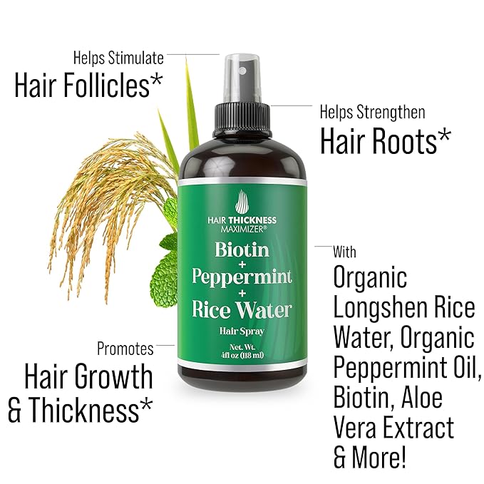 Biotin + Peppermint + Rice Water Spray For Hair Growth. Vegan Leave In Conditioner For Women, Men. Strengthens & Hydrates Thinning, Dry Hair for a Healthier-Looking Scalp
