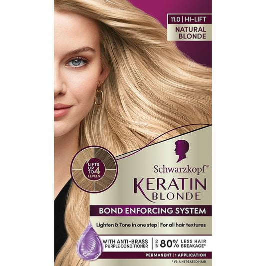Schwarzkopf Keratin Blonde Hair Dye, 11.0 Natural Blonde, Professional Quality Hi-Lift Permanent Hair Color, Bond Enforcing System Helps Prevent Breakage* Pre-Color Serum & Purple Conditioner Included