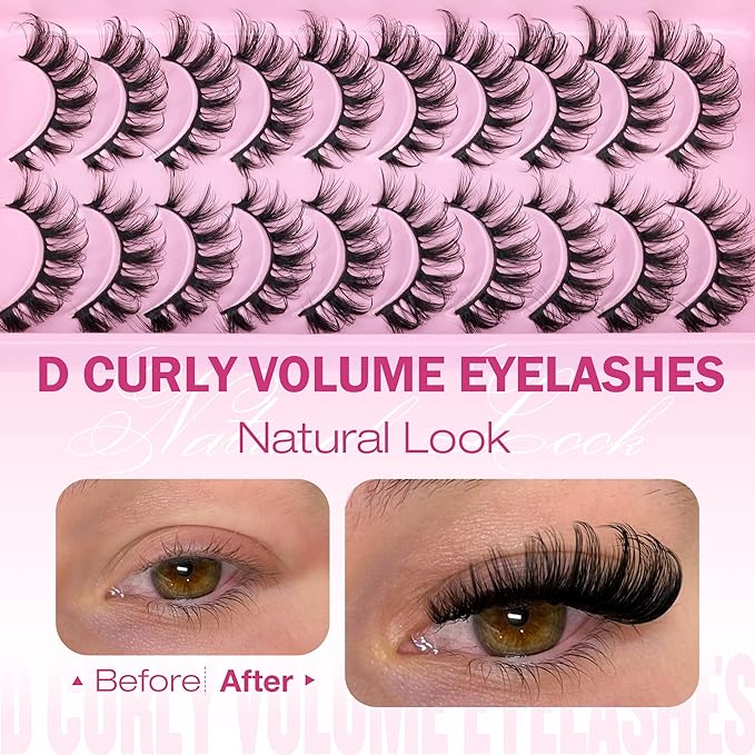 Eefofnn Natural False Eyelashes D Curly Lashes Cat Eye Russian Strip Lashes Fluttery Eyelashes 16mm Wispy Fake Lashes that Look Like Extensions Volume Faux Mink Eyelashes 10 Pairs Pack