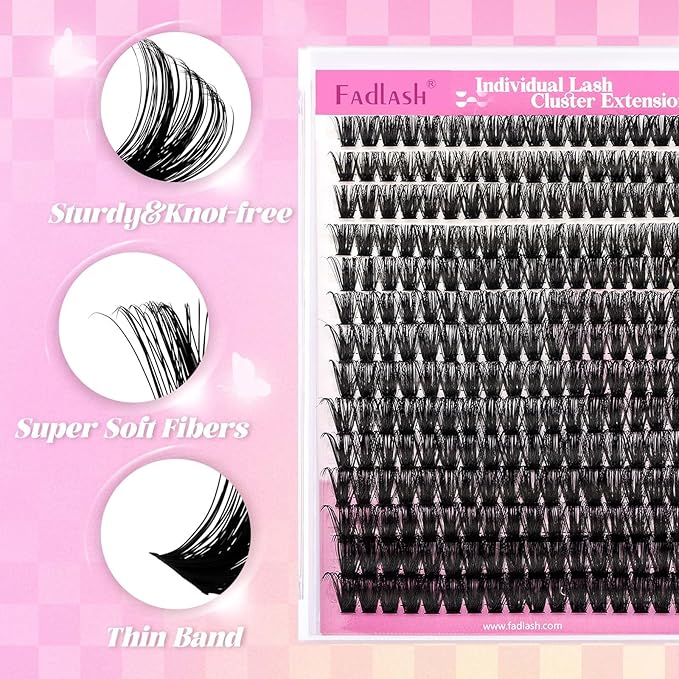 FADLASH DIY Lash Extension Kit Individual Lashes Cluster D Curl Eyelash Extension Kit D Curl Lash Clusters Lash Applicator Tool for Self Application at Home(KIT 80D-D-12-18mm)
