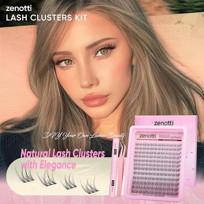 Natural Lash Clusters Kit Wispy Eyelash Clusters Kit Natural Lash Extension Kit C-Curly Individual Lashes Short Eyelash Extensions with Lash Bond and Seal and Eyelash Tweezers 9-12MM 144PCS by zenotti