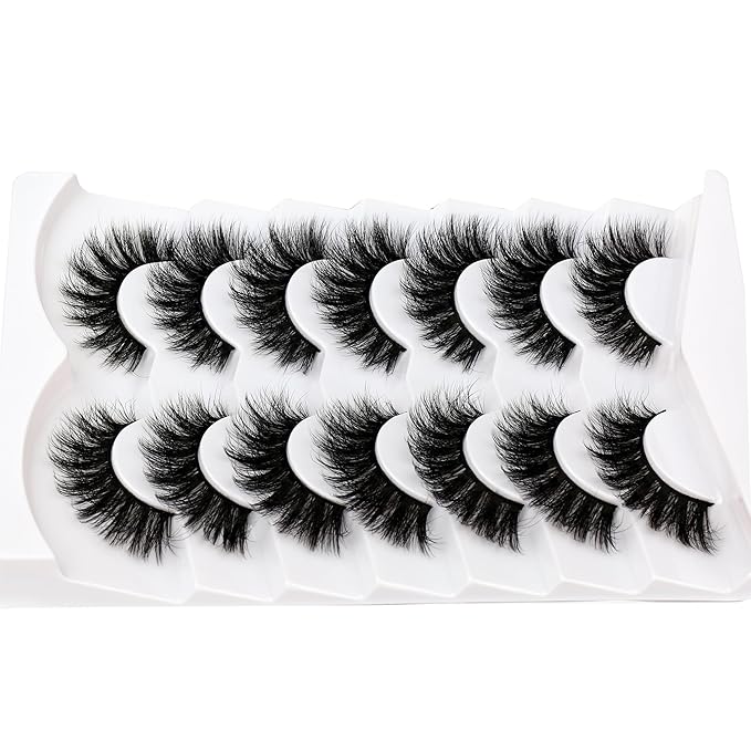 Pooplunch False Eyelash Volume Cat Eye Lashes D Curly Fluffy Lashes Wispy 8D Natural Soft Faux Mink Fake Eyelash Strips 7 Pairs Pack